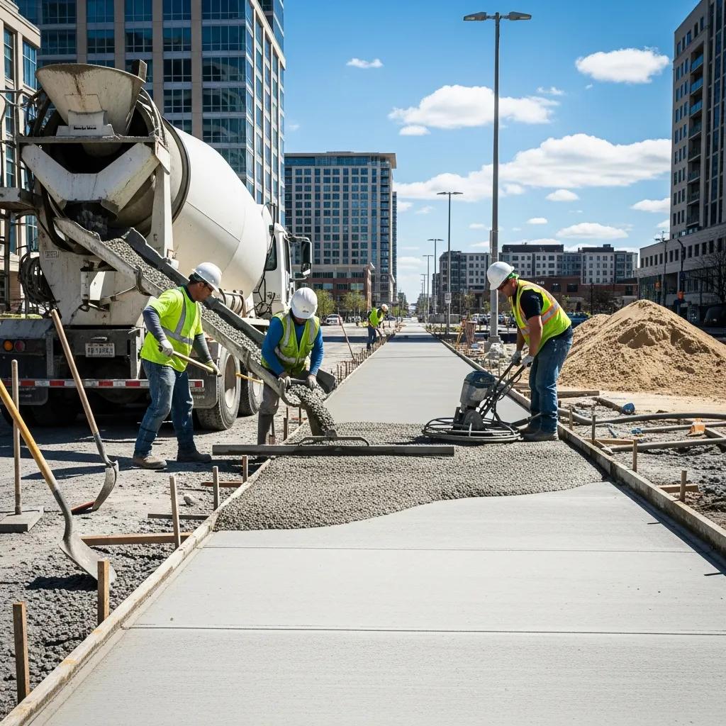 Concrete sidewalk installation in an urban environment with workers pouring and smoothing concrete, showcasing Morici Bros Concrete's services in New Berlin, WI.