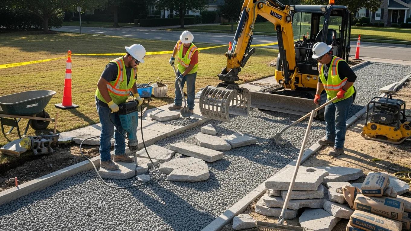 Construction crew replacing a concrete sidewalk with machinery and tools, showcasing the replacement process in Milwaukee.