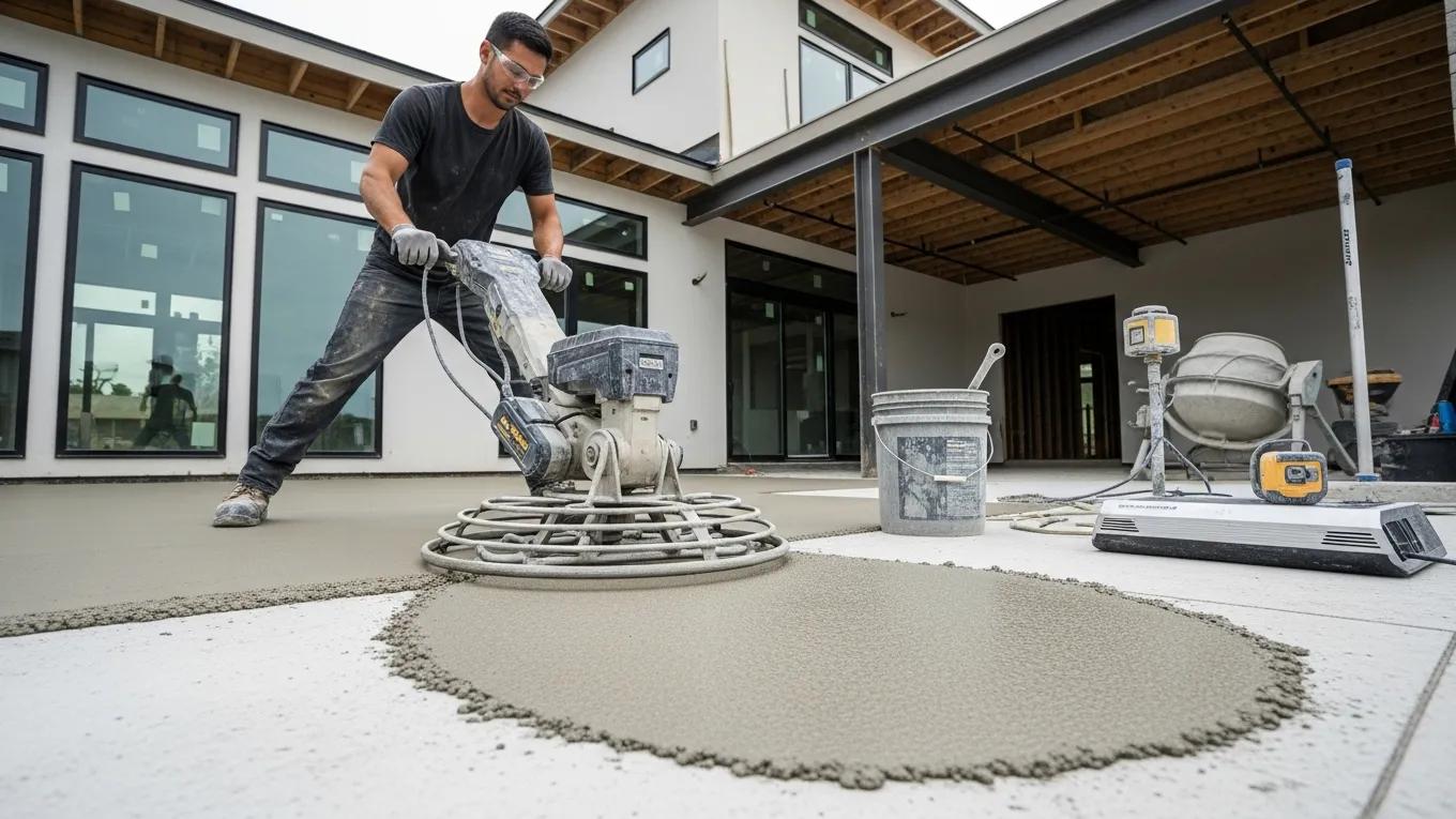 Worker applying high-strength decorative concrete