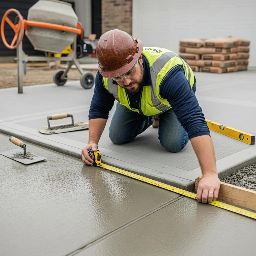 Construction worker measuring a concrete driveway, illustrating the importance of accurate cost estimation