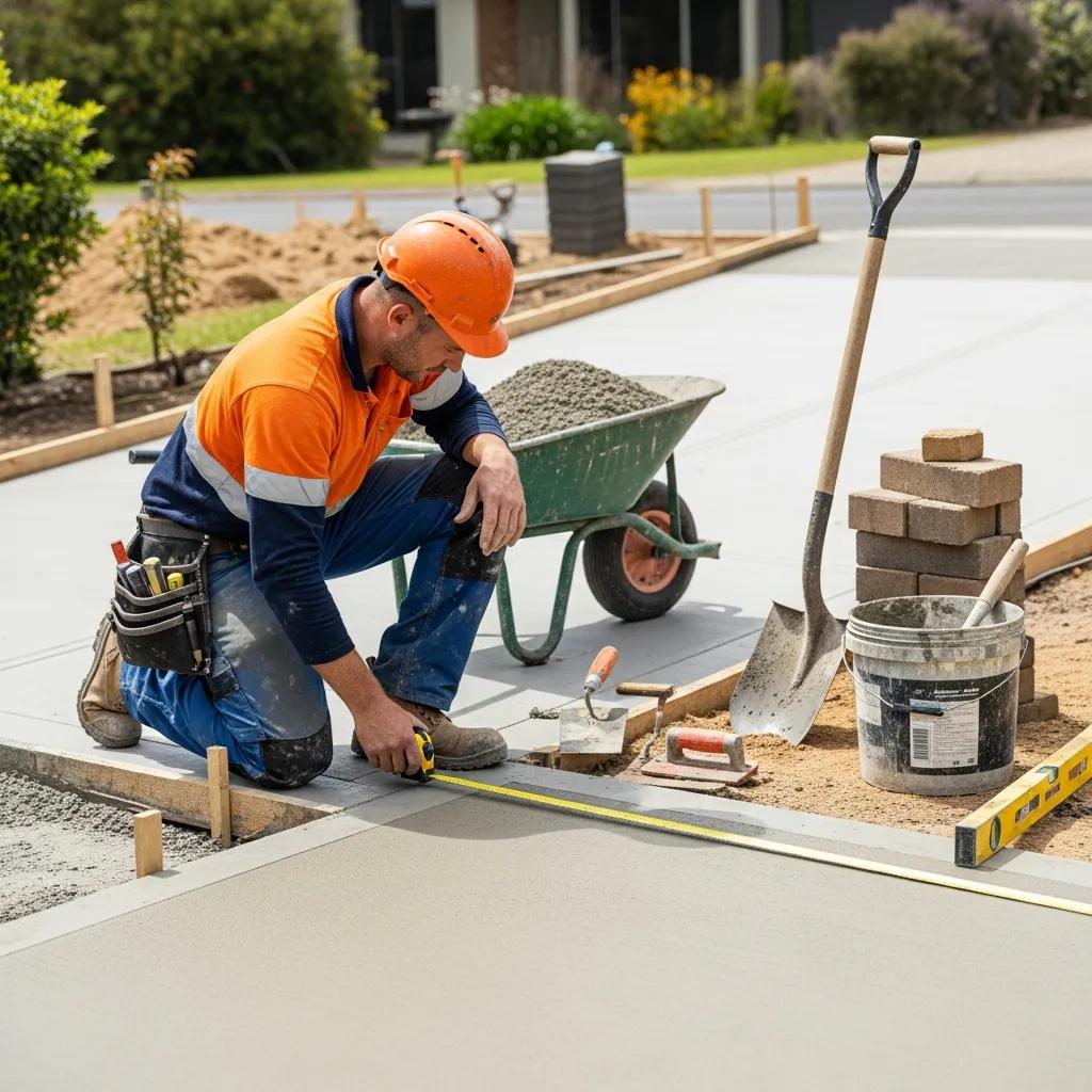 Construction worker measuring concrete driveway installation costs