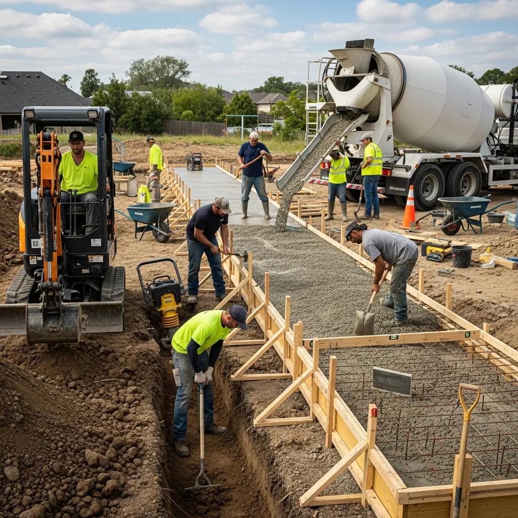 Construction workers installing a concrete driveway, showcasing the installation process stages