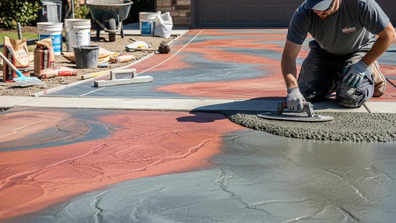Contractor applying pigmented concrete to a driveway with vibrant colors