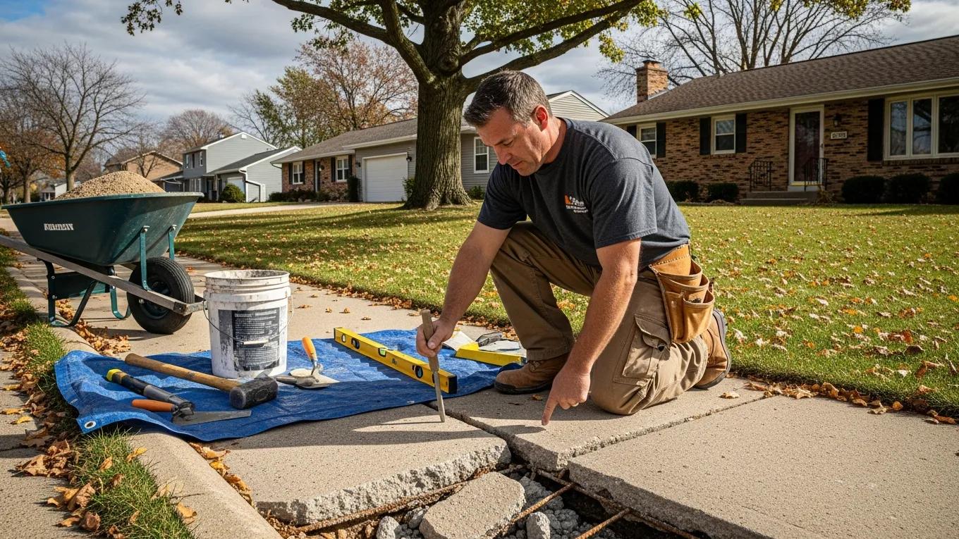 Contractor assessing sidewalk damage for repair options