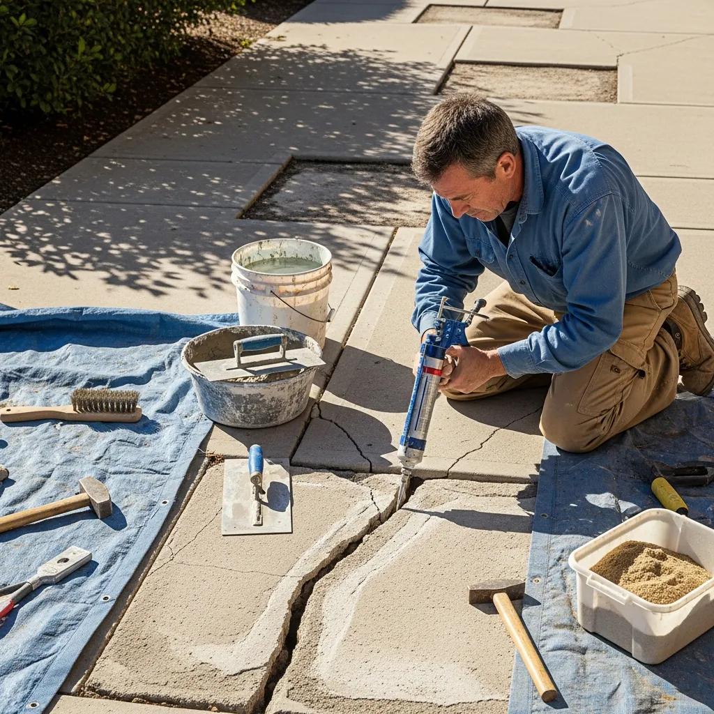 Contractor repairing cracked concrete walkway with epoxy and patching materials, surrounded by tools and materials for walkway maintenance in Greenfield, WI.