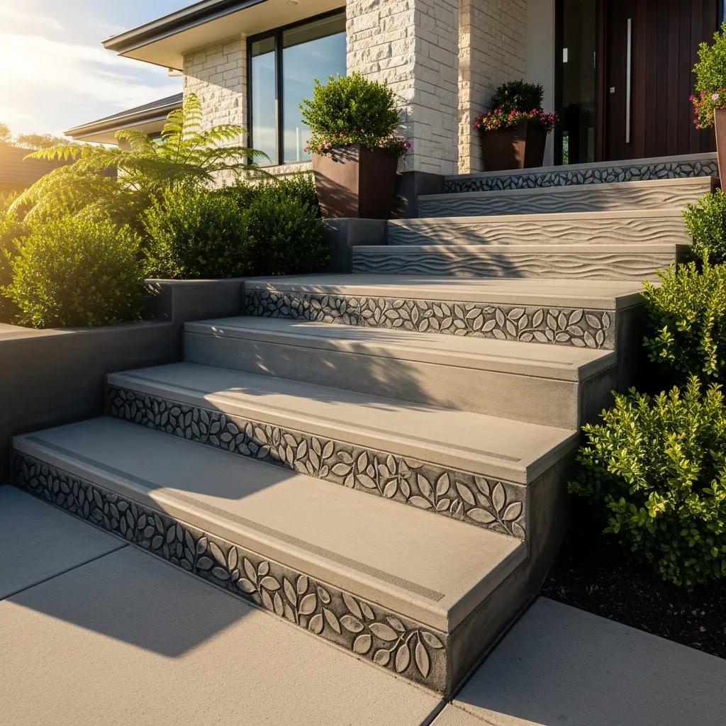 Custom concrete stairs with decorative finishes and unique designs, enhancing the aesthetic appeal of a home