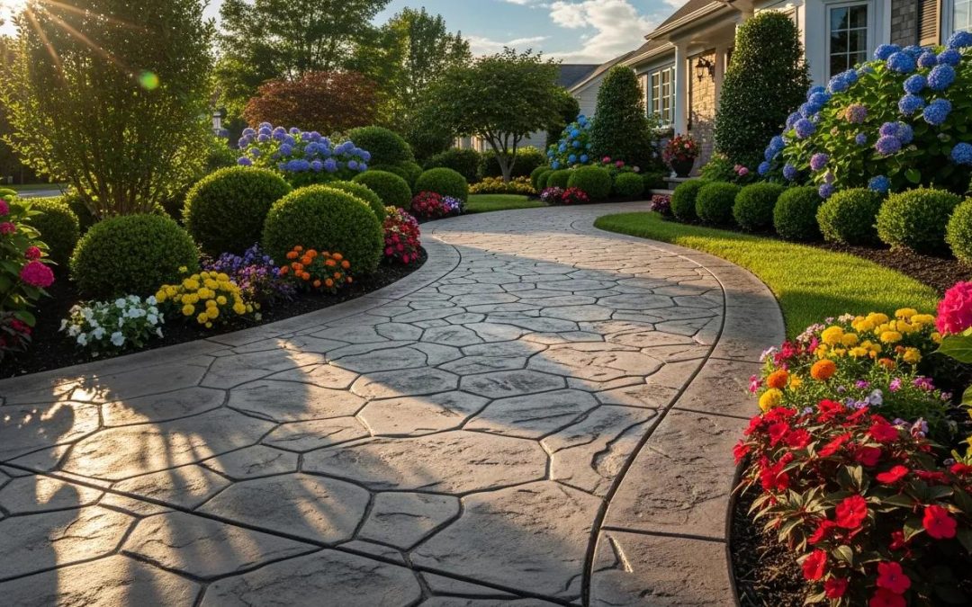 Decorative concrete pathway enhancing home curb appeal with vibrant flowers and greenery