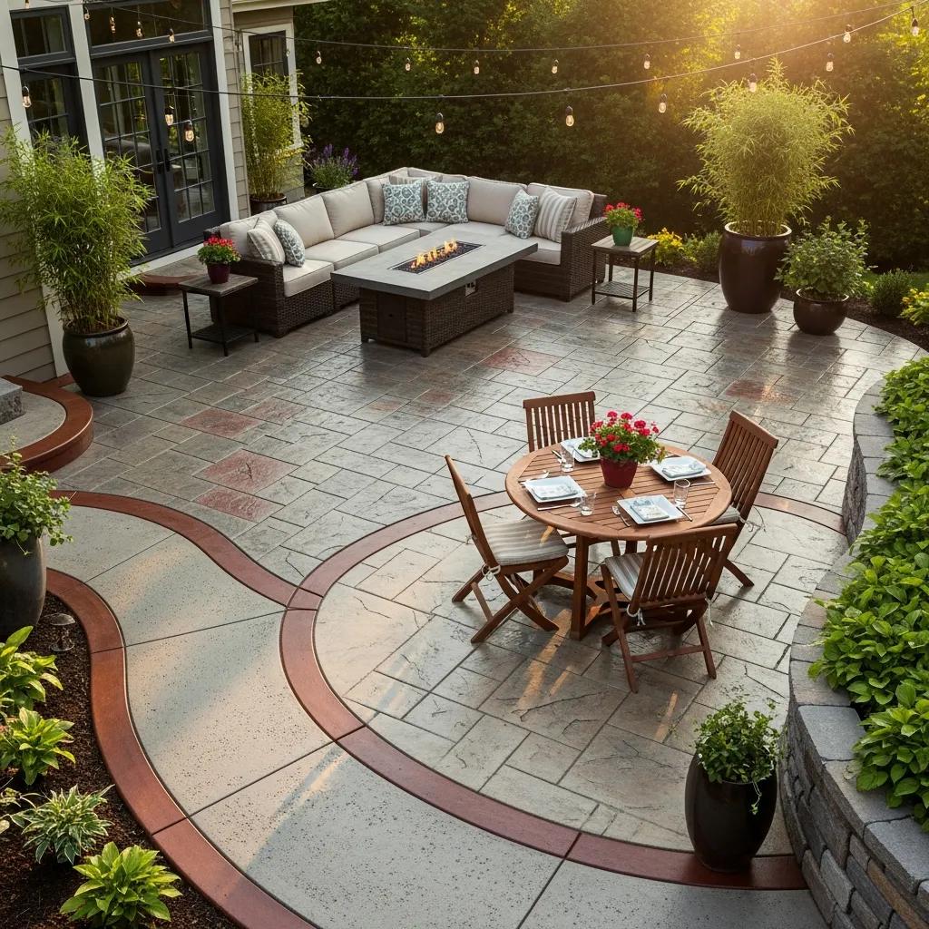 Decorative concrete patio featuring stamped designs, vibrant colors, outdoor seating area with a fire pit, and dining table surrounded by lush greenery.