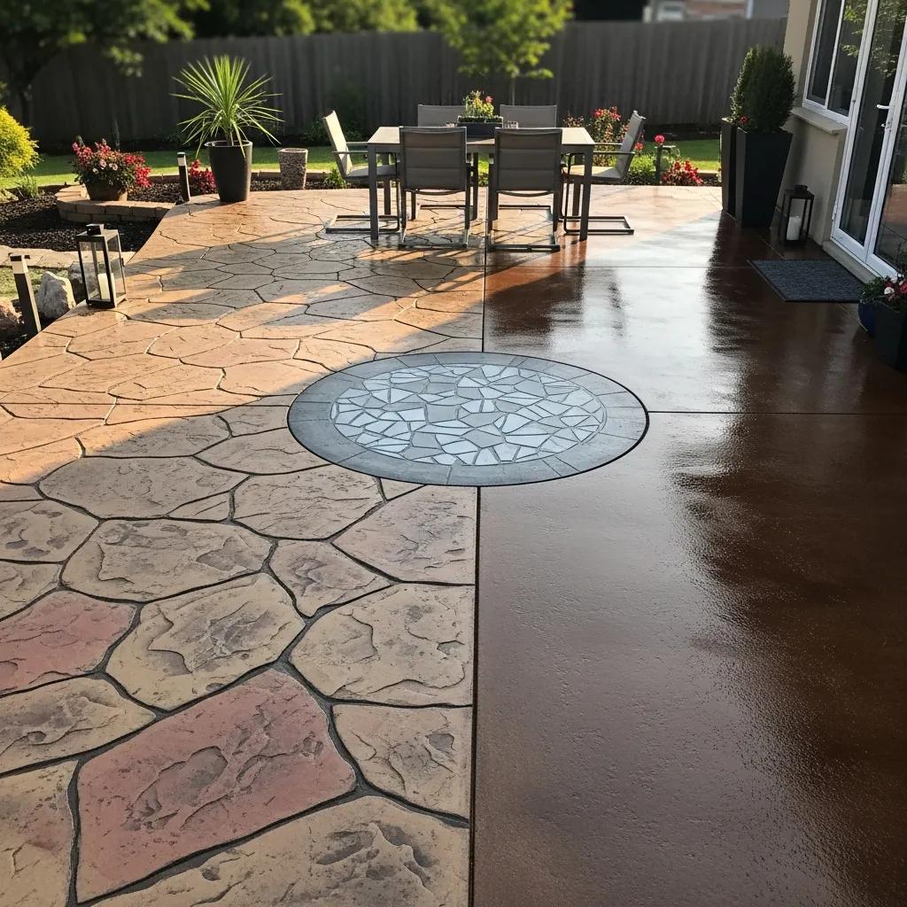 Decorative concrete patio featuring stamped stone patterns, a circular mosaic design, and a polished finish, surrounded by outdoor furniture and landscaping, illustrating modern patio design ideas.