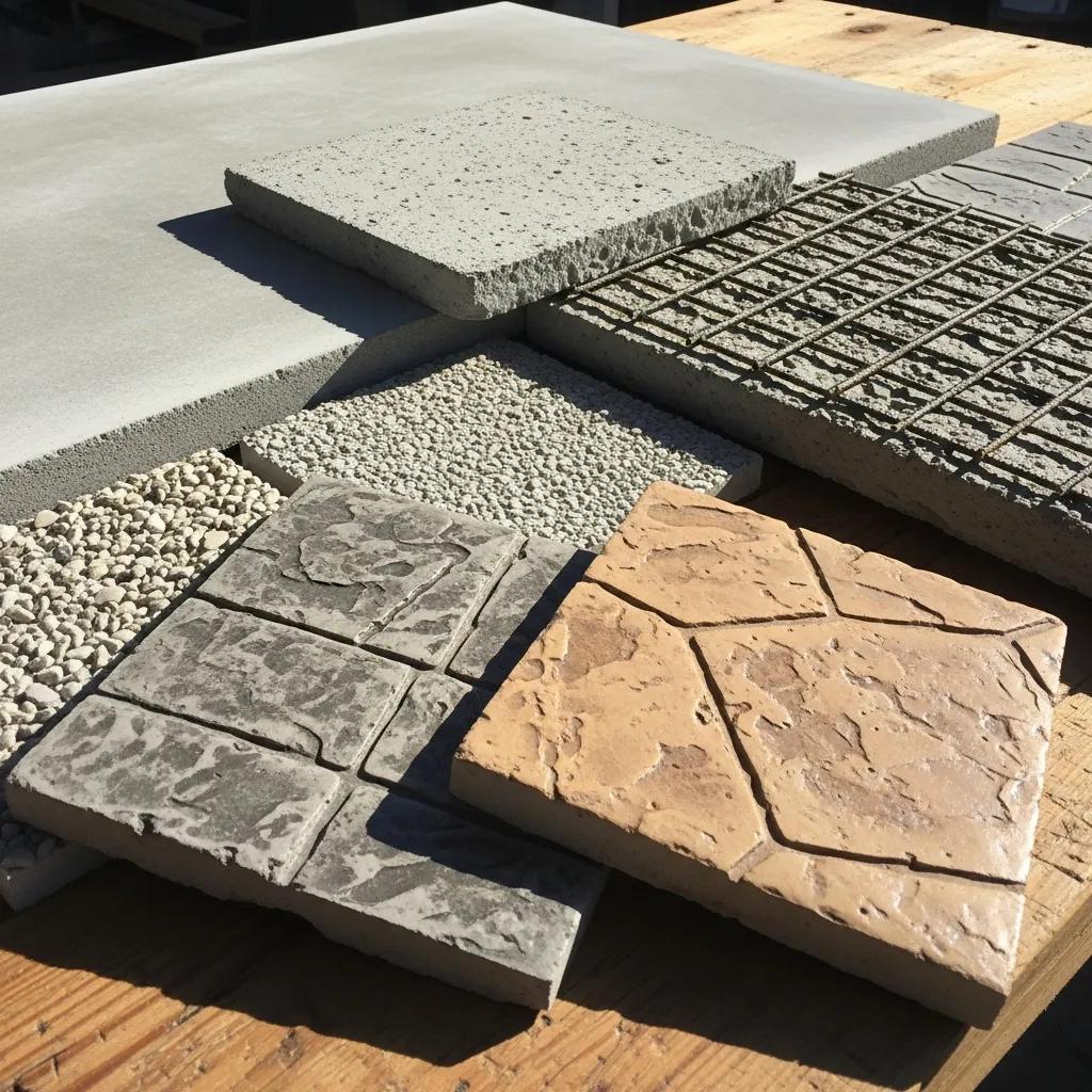 Different types of concrete materials for driveways including standard, reinforced, and decorative options