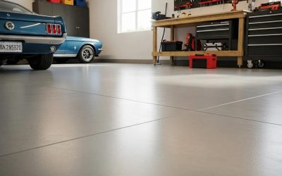 Durable concrete garage floor showcasing a smooth surface, with classic cars and a well-organized workshop in a well-lit garage setting.