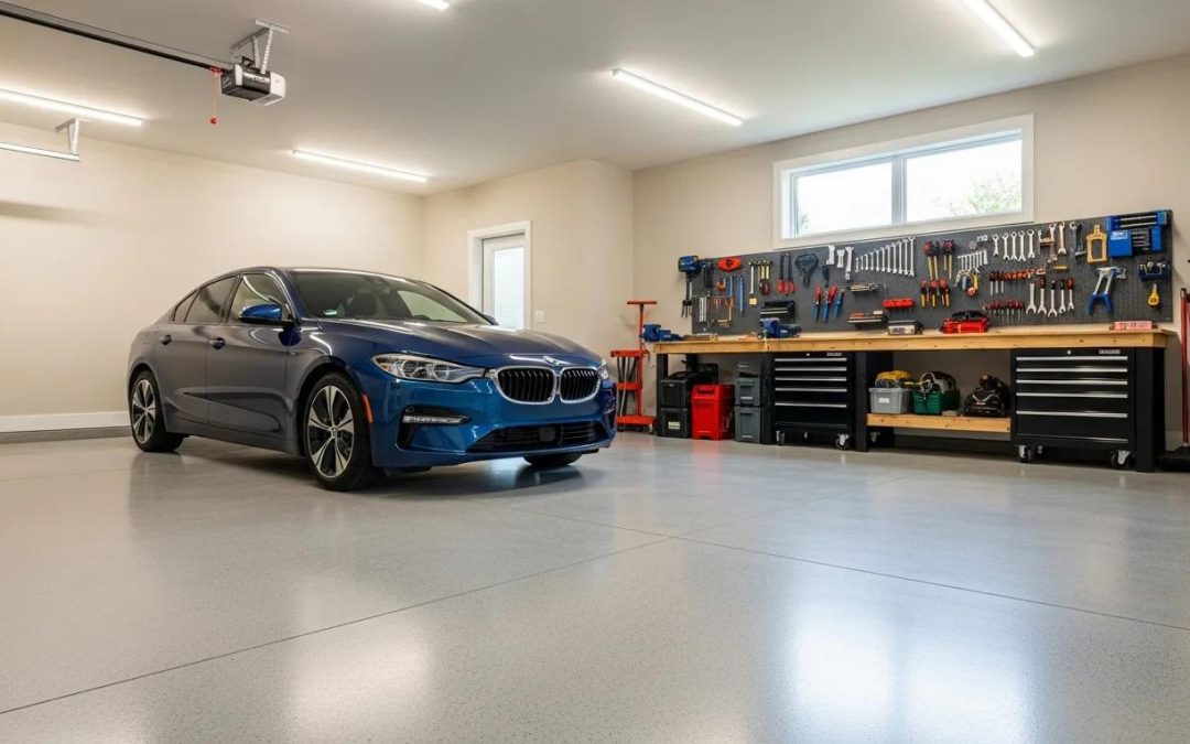 Durable concrete garage floor with a parked vehicle and organized tools, highlighting long-lasting solutions for homeowners