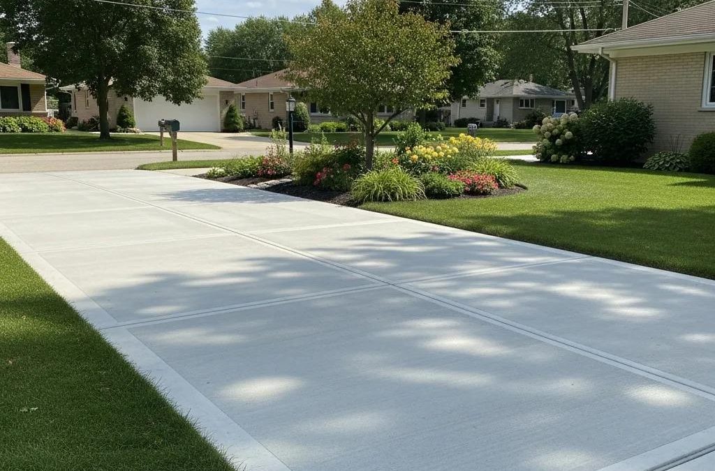 Freshly installed concrete driveway in a Milwaukee neighborhood, highlighting durability and aesthetic appeal