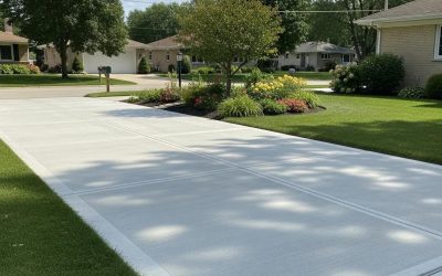 Freshly installed concrete driveway in a Milwaukee neighborhood, showcasing durability and aesthetic appeal, surrounded by well-maintained landscaping.