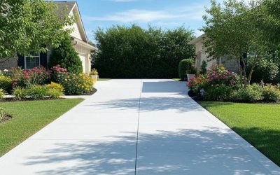 Freshly installed concrete driveway in a suburban setting, flanked by colorful flower beds and green grass, under a clear blue sky.