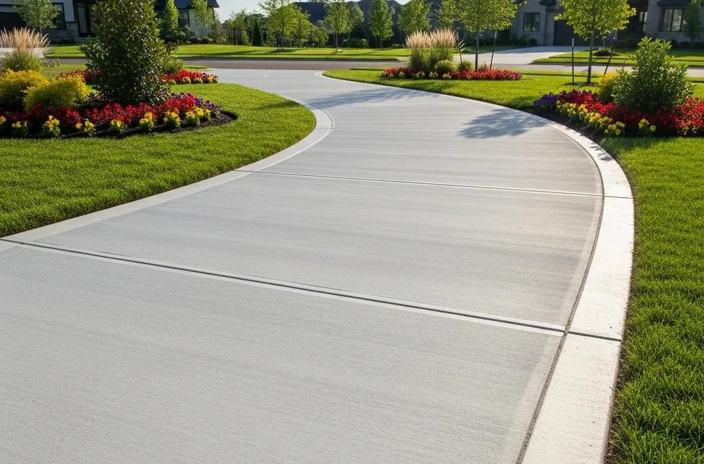 Freshly installed concrete driveway with landscaping in New Berlin, WI