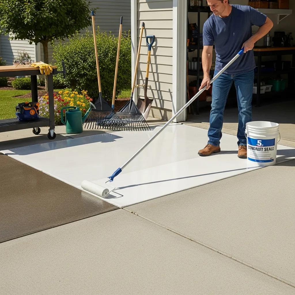 Homeowner applying concrete sealer to driveway, demonstrating best practices for maintenance and longevity