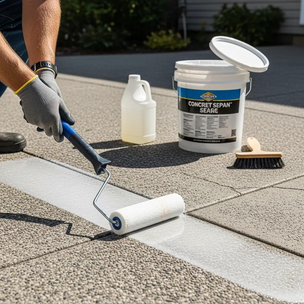 Homeowner applying sealant to concrete patio with roller, maintenance tools and sealant container nearby, enhancing surface protection and appearance.
