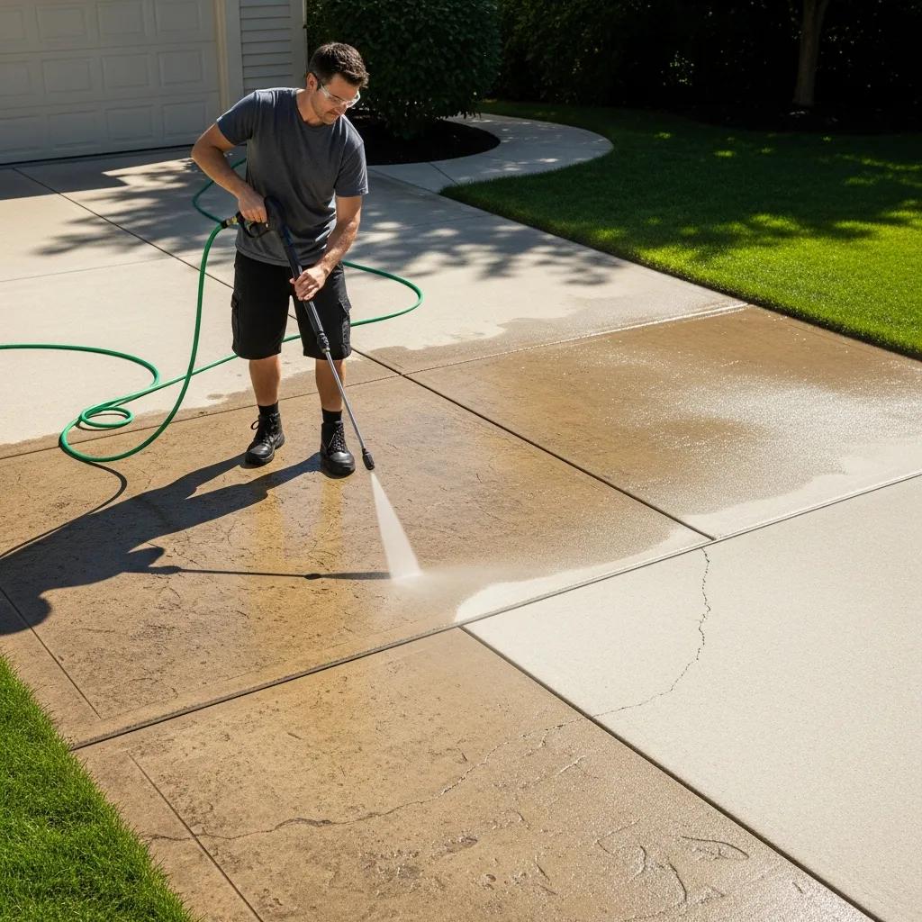 Homeowner cleaning a concrete driveway with a pressure washer on a sunny day