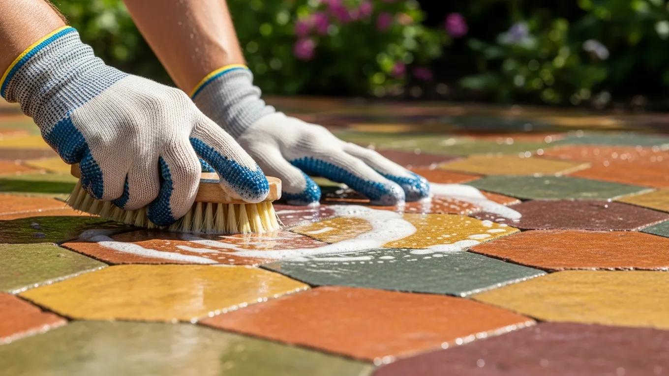 Homeowner cleaning a vibrant colored concrete surface in a garden setting