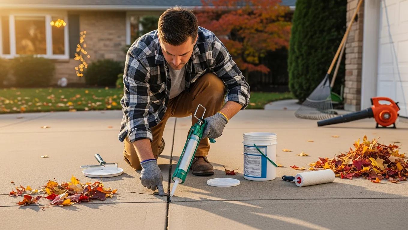 Homeowner inspecting and sealing concrete driveway during autumn