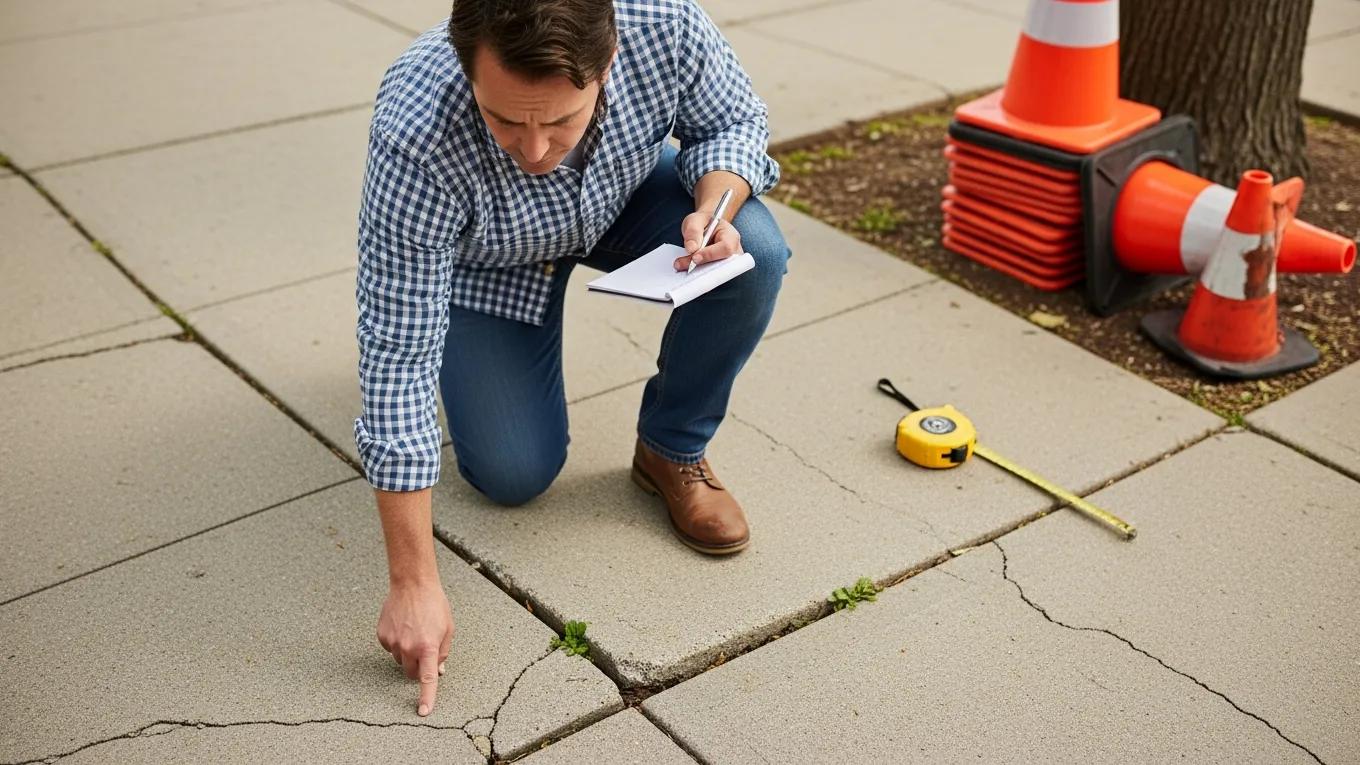 Homeowner inspecting cracked concrete sidewalk for safety hazards, with measuring tape and traffic cones nearby, emphasizing the need for maintenance and potential replacement.