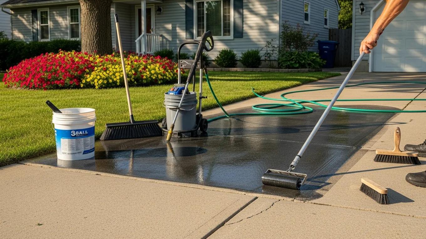 Homeowner maintaining a concrete driveway with sealing and cleaning tools