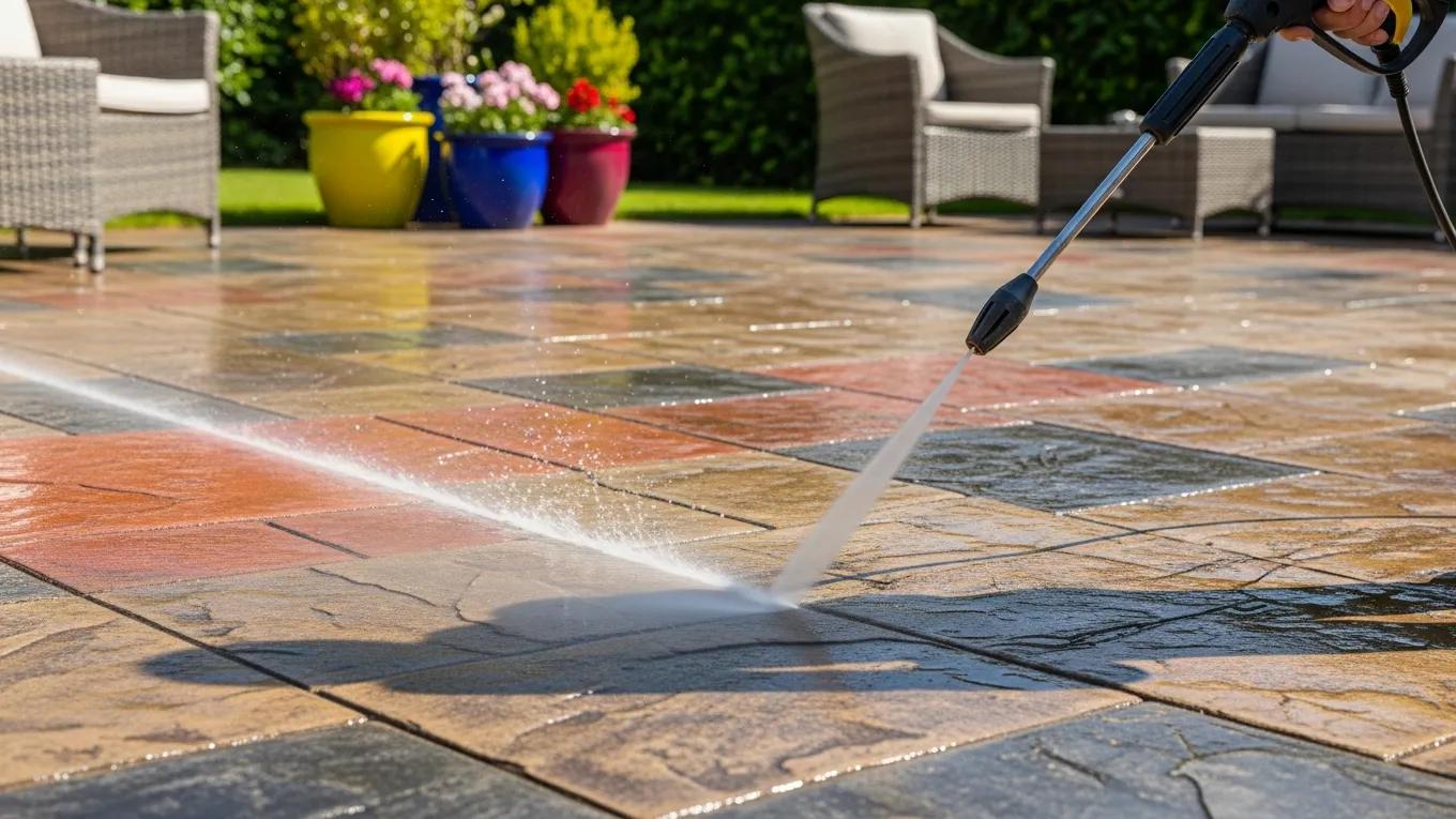 Homeowner maintaining decorative concrete surface with a pressure washer in a beautiful outdoor setting