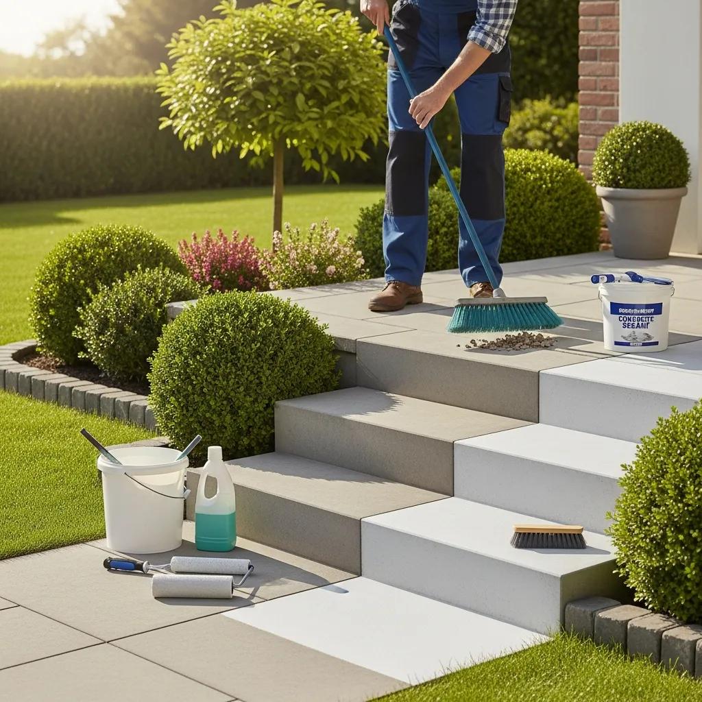 Homeowner performing maintenance on concrete steps, highlighting best practices for longevity