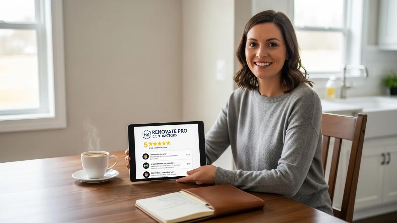 Homeowner reading positive customer reviews about a concrete contractor