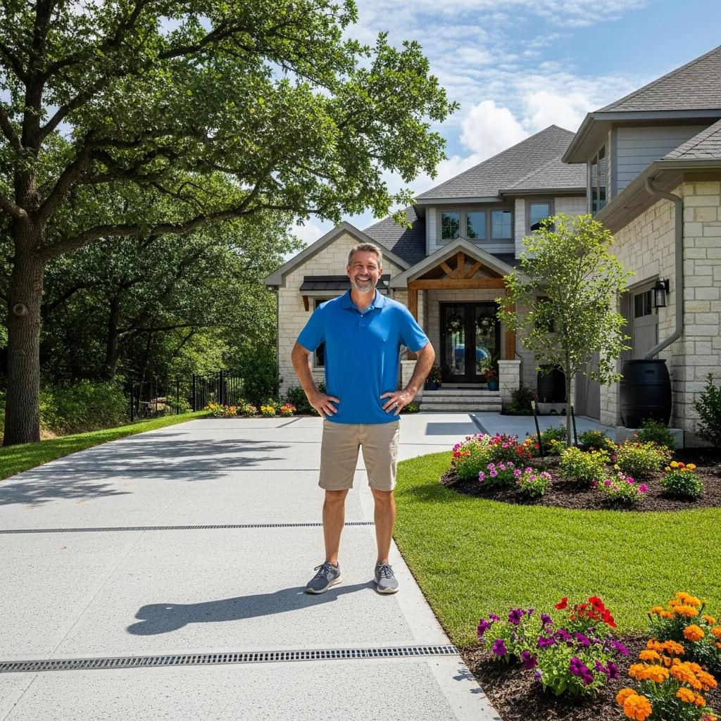 Homeowner standing on a permeable concrete driveway, smiling, in front of a modern house surrounded by colorful flower beds and greenery, showcasing eco-friendly driveway solution benefits.