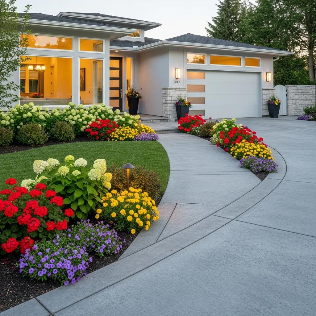 Modern concrete driveway with vibrant landscaping, featuring colorful flowers and greenery enhancing curb appeal, reflecting professional concrete installation by Morici Bros Concrete.