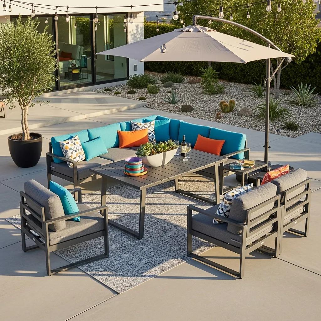 Modern patio furniture set featuring modular seating with vibrant cushions, a dining table, and an umbrella, designed for concrete patios, enhancing outdoor aesthetics and functionality.