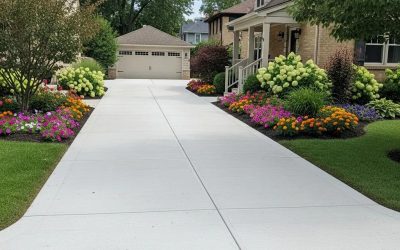 Newly installed concrete driveway with vibrant landscaping and flower beds in Wauwatosa, WI, showcasing a durable and attractive option for homeowners.