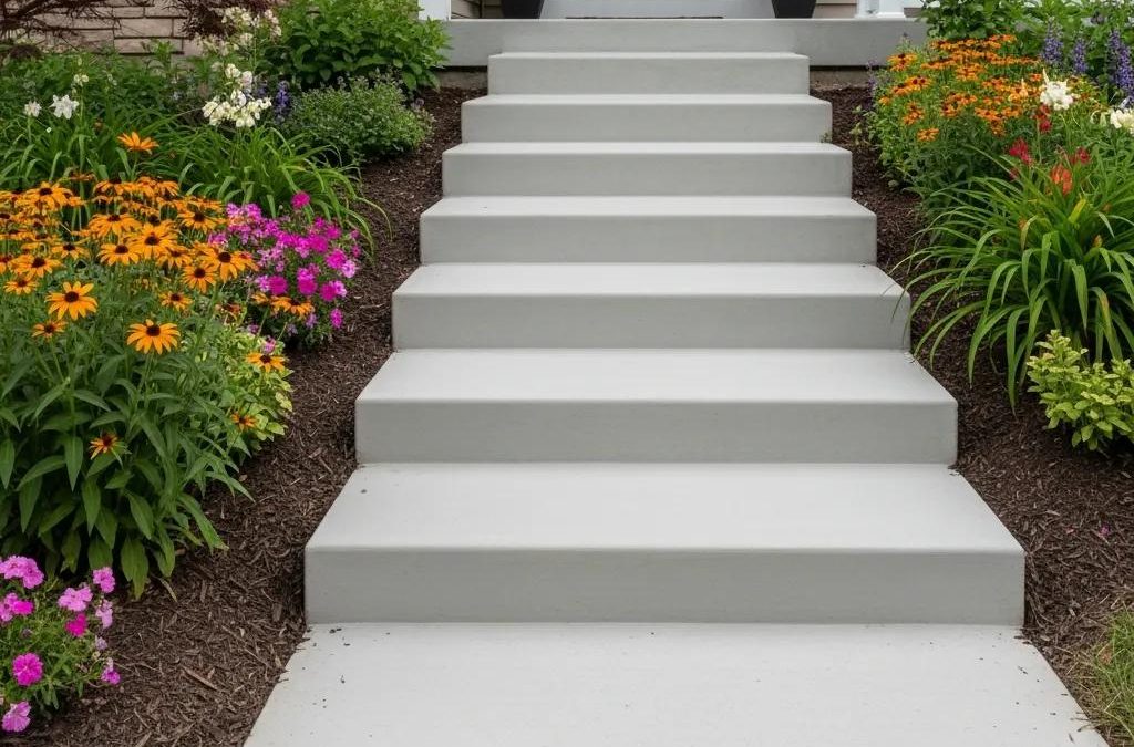 Newly installed concrete steps leading to a residential home in Oak Creek, showcasing quality craftsmanship and aesthetic appeal