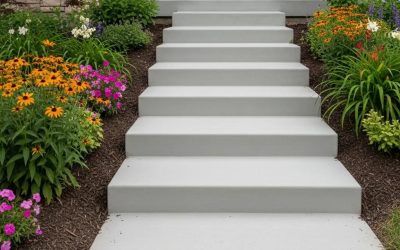 Newly installed concrete steps leading to a residential home in Oak Creek, surrounded by colorful flowers, showcasing quality craftsmanship and aesthetic appeal.