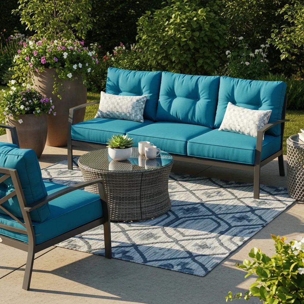 Outdoor seating area featuring weather-resistant turquoise furniture on a concrete patio, accented with decorative pillows, a round wicker table, and surrounding greenery.