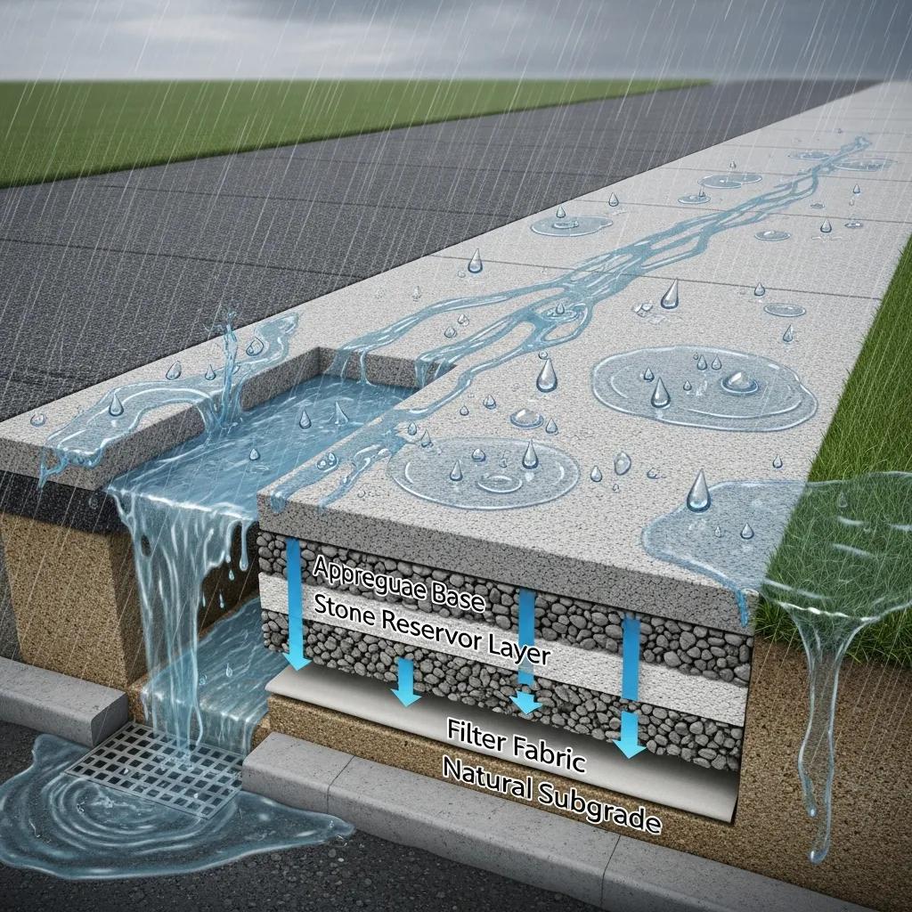 Diagram illustrating permeable concrete driveway structure with water drainage layers, highlighting stormwater management features and eco-friendly design.