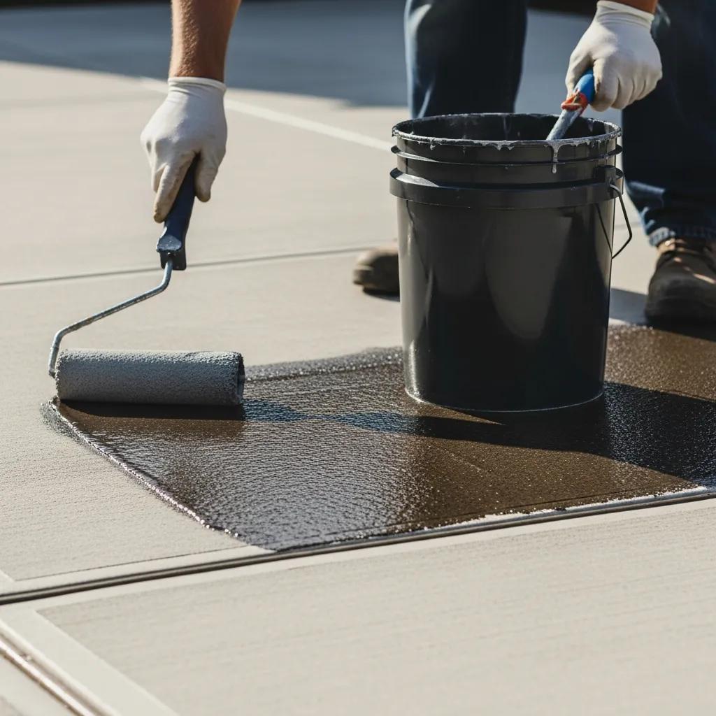 Person applying concrete sealer for driveway maintenance