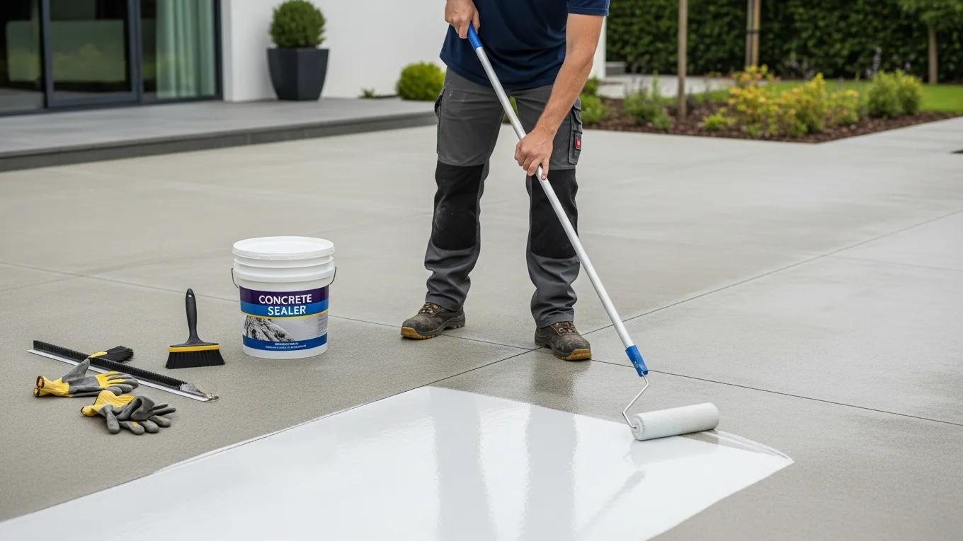 Professional applying concrete sealer to a surface for protection