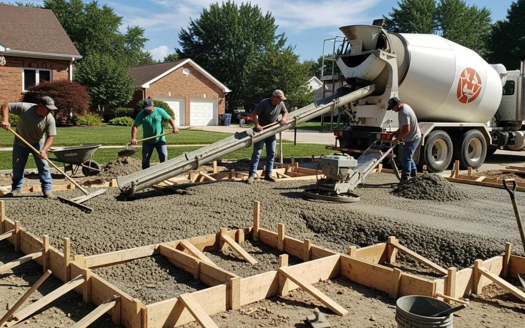 Professional concrete installation in progress with workers pouring concrete on a residential site