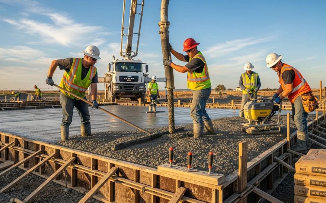 Professional concrete installation process with skilled workers pouring concrete