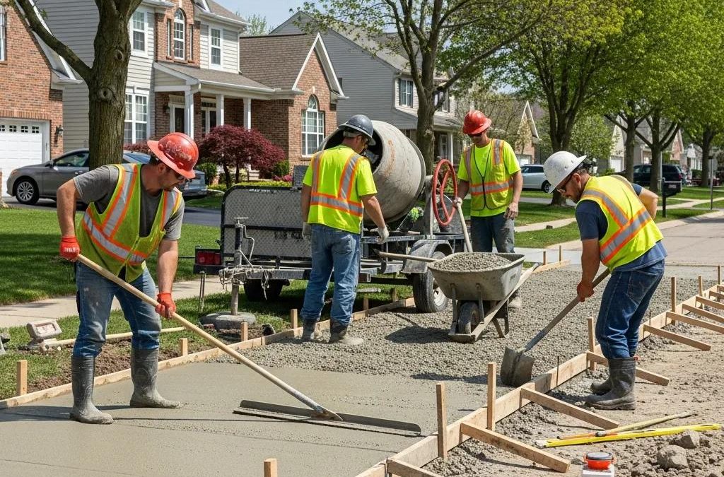 Professional concrete sidewalk installation in Franklin, WI, highlighting workers and tools