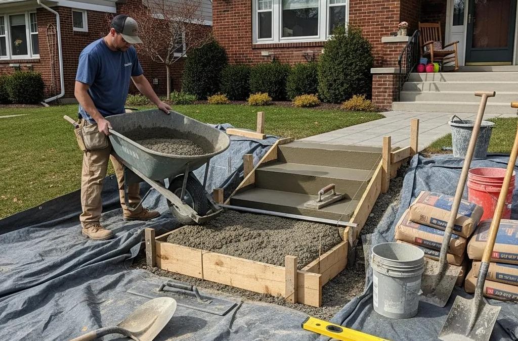 Professional concrete step installation showcasing quality craftsmanship in a residential setting