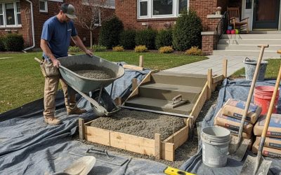 Professional concrete step installation in a residential setting, showcasing quality craftsmanship with a worker pouring concrete into forms, surrounded by tools and materials.