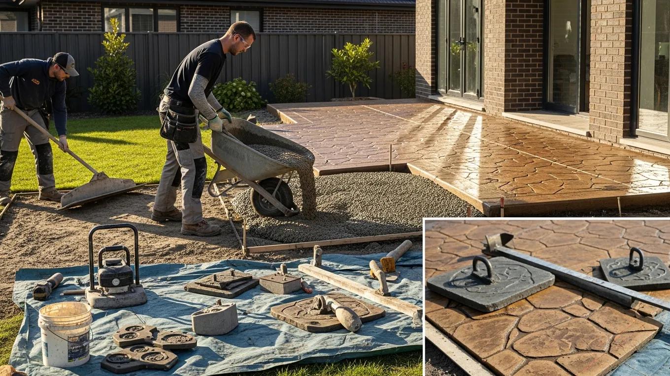 Professional contractor applying stamped concrete techniques for a residential patio