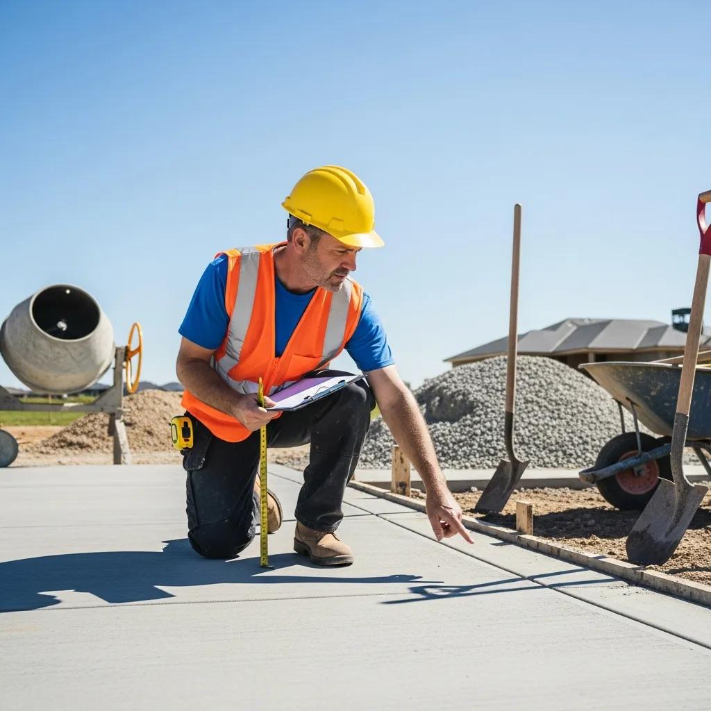 Professional contractor inspecting a concrete driveway installation site with tools and materials