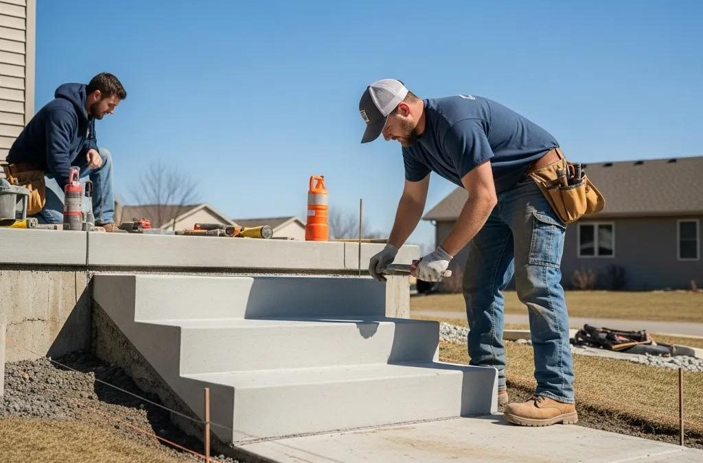 Professional contractor installing concrete steps at a residential property in Greenfield, WI