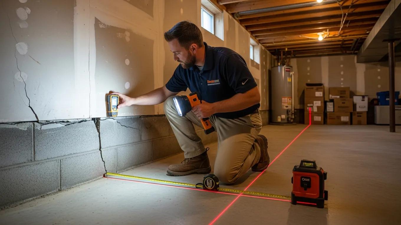 Professional inspecting foundation settling issues in a residential home