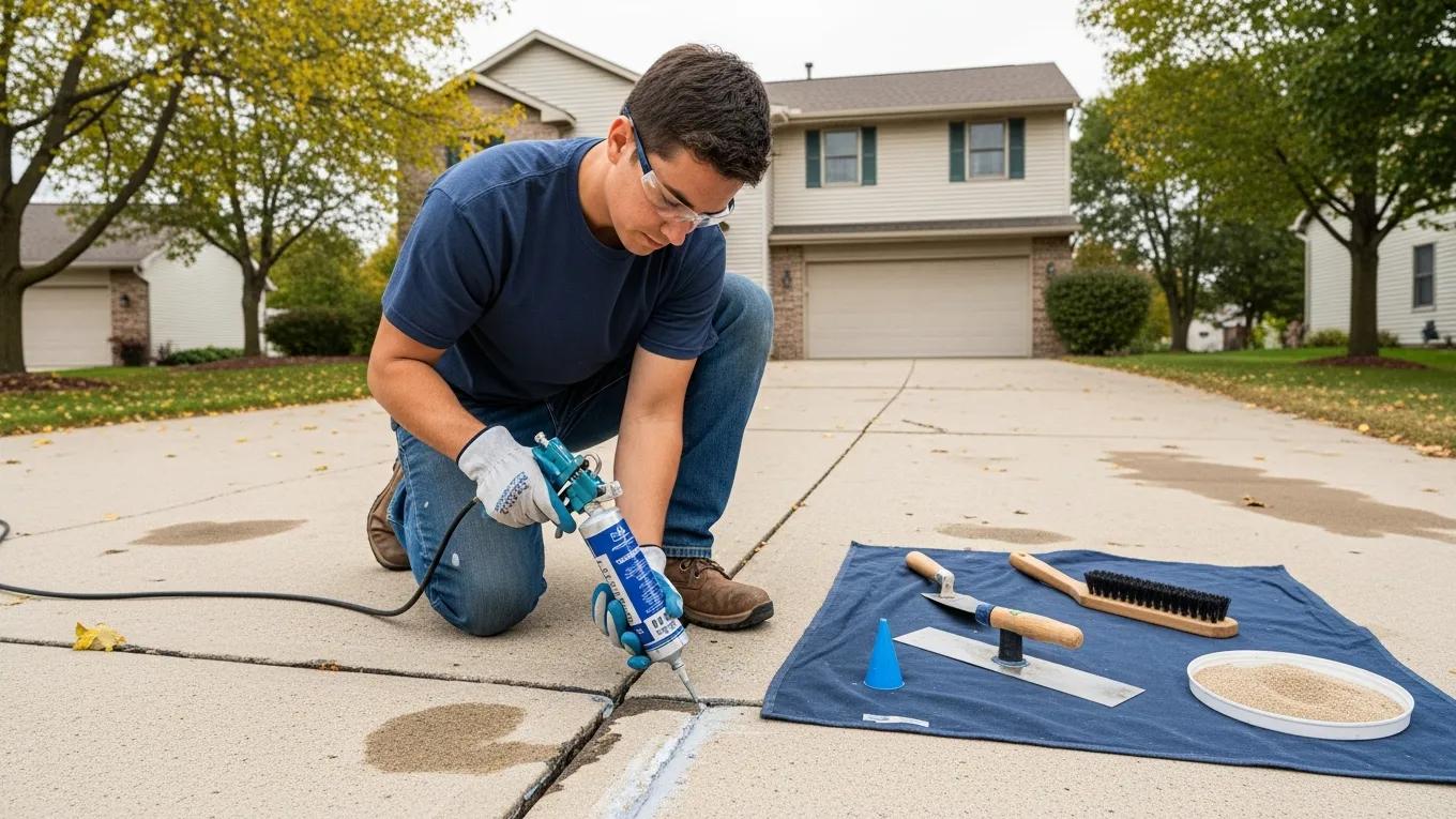 Professional repairing a concrete driveway crack with epoxy sealant, showcasing repair techniques
